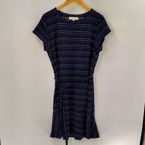 LOFT Pullover Dress Size XL Red White And Blue Swiss Dot With Belt Ruffle Hem